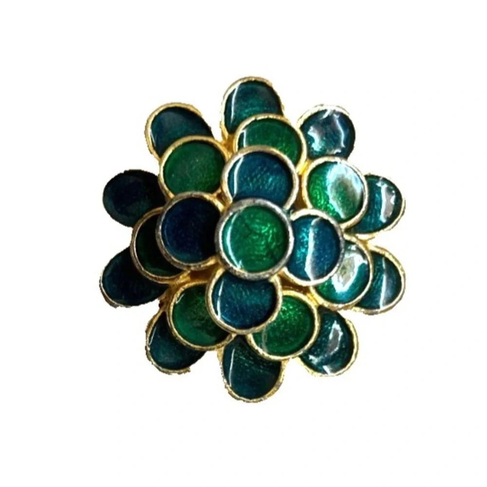 Vintage Green Enamel Flower Brooch Pin Layered Floral Gold Tone Mid Century Deco